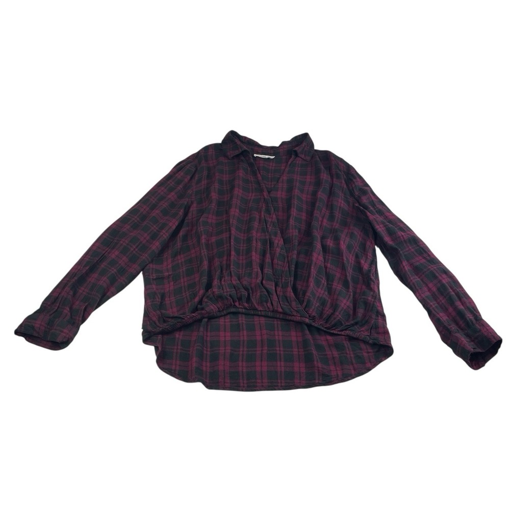 BeachLunchLounge Wrap Plaid Blouse L Viscose Burgundy Black Surplice Top